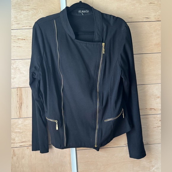 Women's Asymmetric Zip Mock Neck Moto Black Jacket - Picture 3 of 3